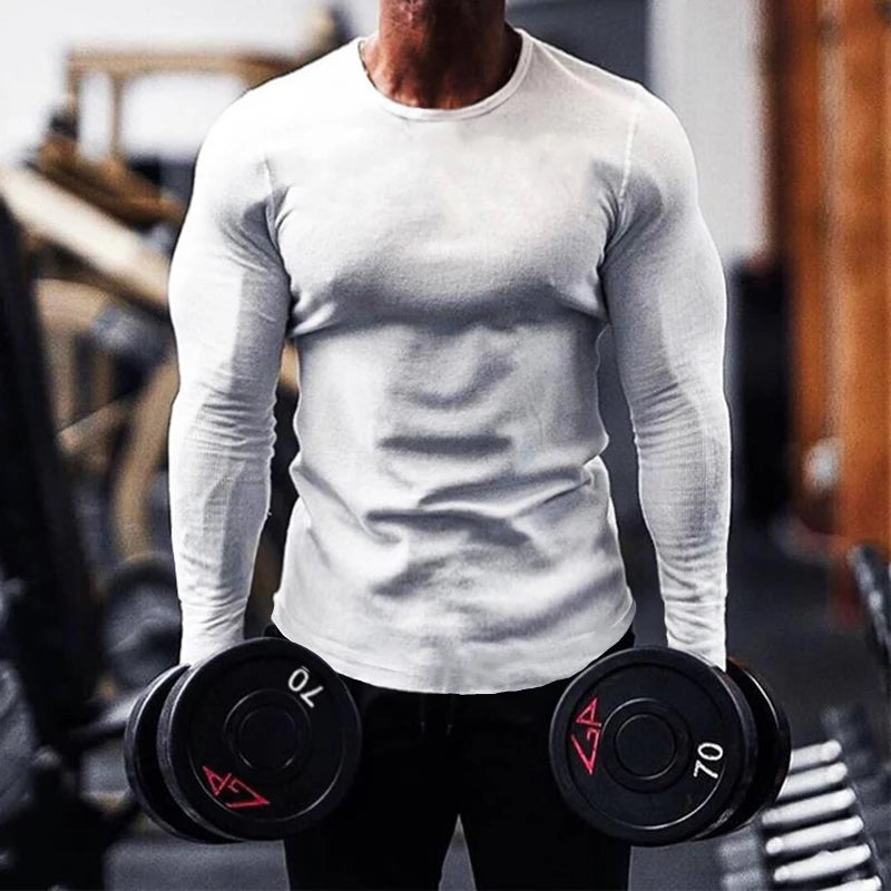 Men Sweater Long Sleeve Tshirt Solid Color Bodybuilding Autumn Spring Casual Fashion Workout Shirt Pullover