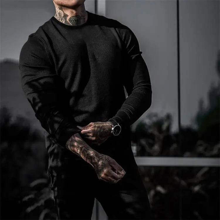 Men Sweater Long Sleeve Tshirt Solid Color Bodybuilding Autumn Spring Casual Fashion Workout Shirt Pullover