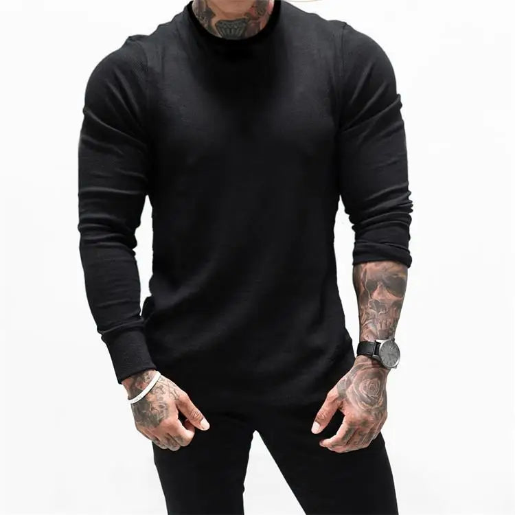 Men Sweater Long Sleeve Tshirt Solid Color Bodybuilding Autumn Spring Casual Fashion Workout Shirt Pullover
