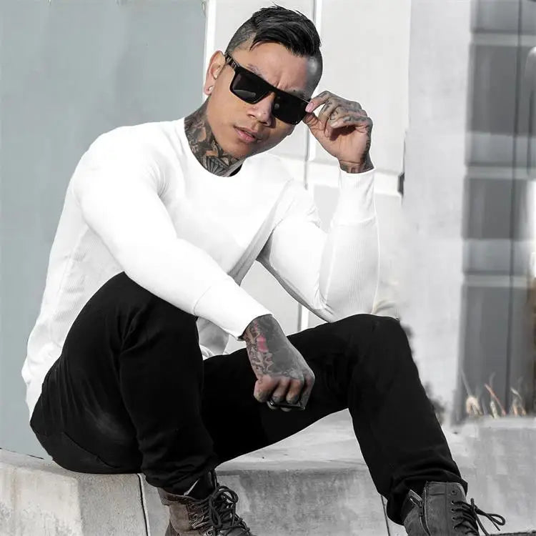 Men Sweater Long Sleeve Tshirt Solid Color Bodybuilding Autumn Spring Casual Fashion Workout Shirt Pullover