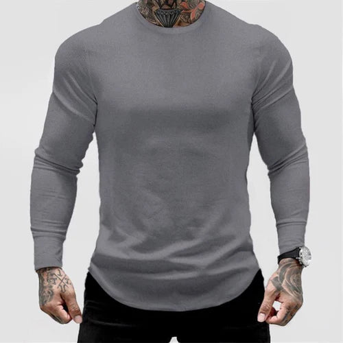 Men Sweater Long Sleeve Tshirt Solid Color Bodybuilding Autumn Spring Casual Fashion Workout Shirt Pullover