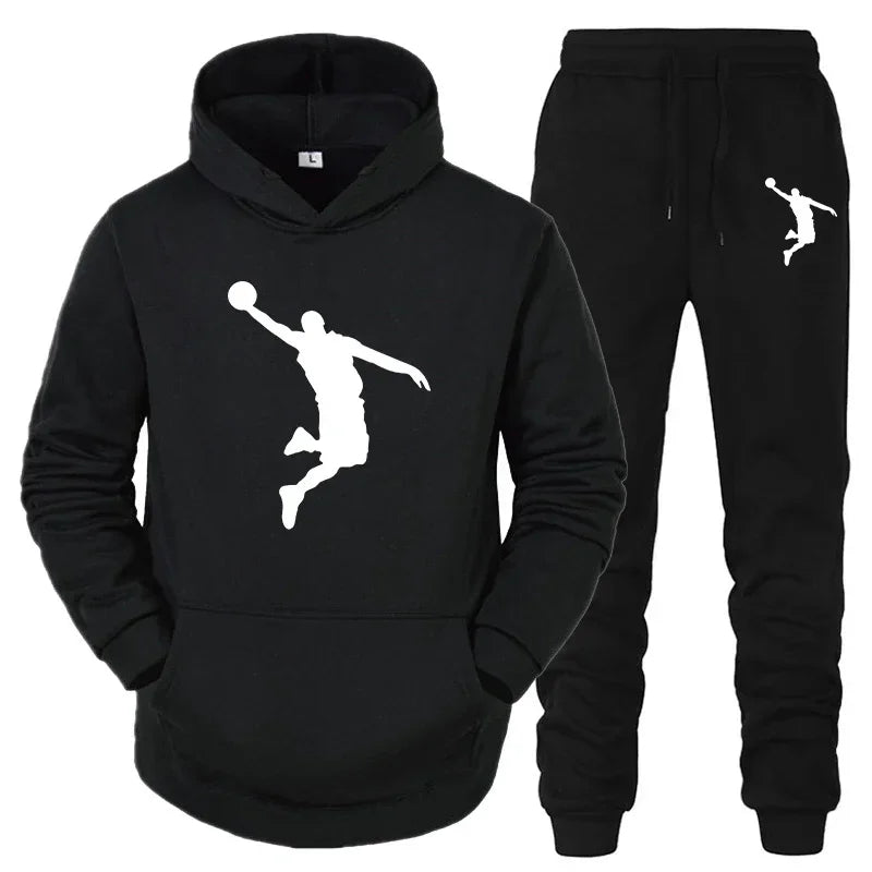 High-quality printed youth hooded sweatshirt set for sports jogging, fashionable men's sportswear for daily casual commuting