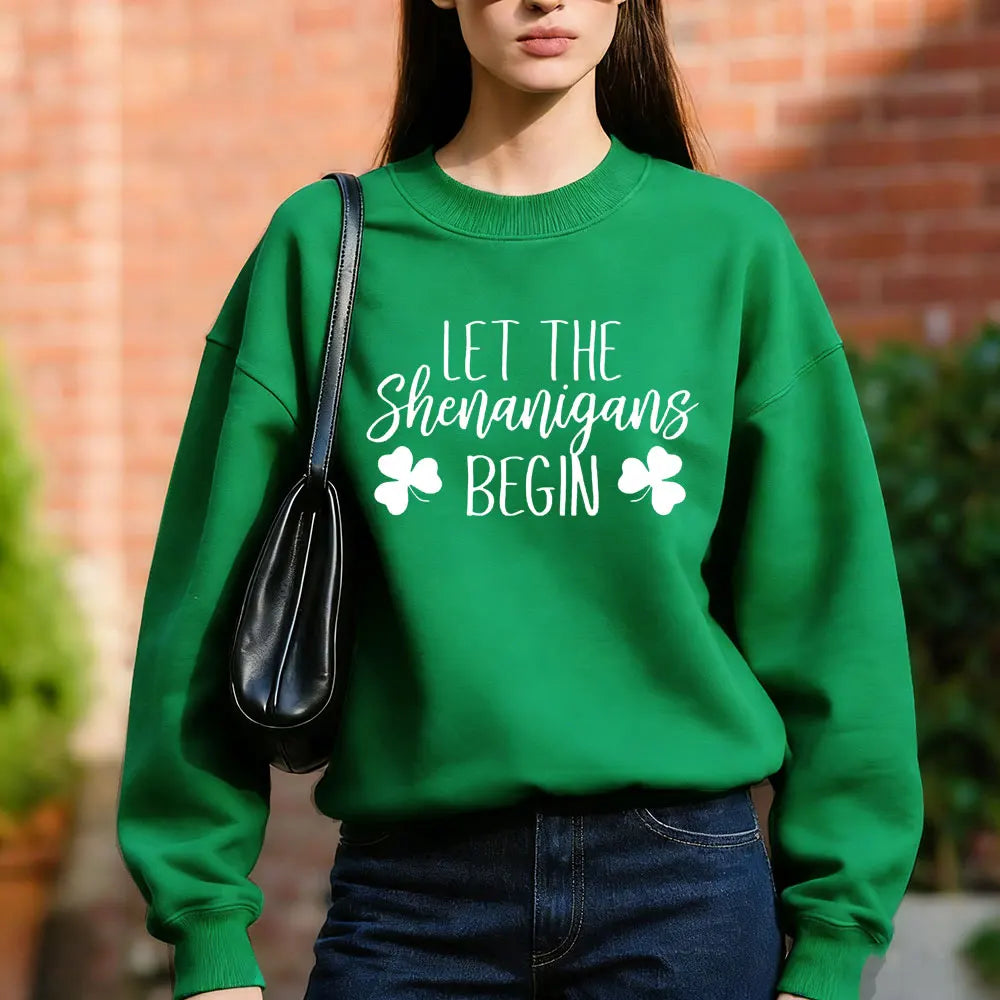 Let The Shenanigans Begin Sweatshirt St Patricks Day Party Sweater Funny St Paddys Long Sleeve St Pattys Irish Green Beer Tops