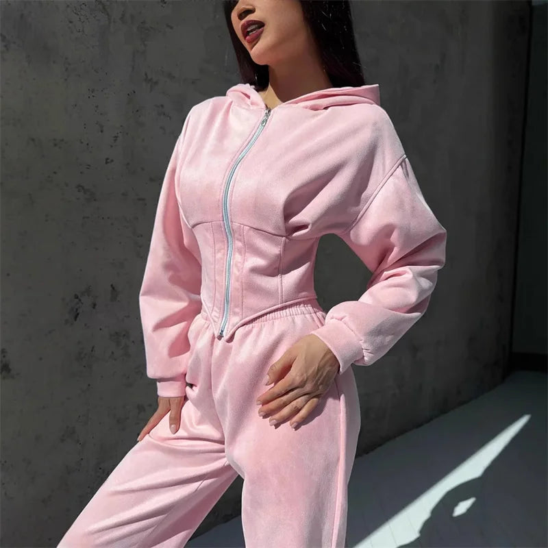 2025 Sweatshirt Two-piece Suit Women's Casual Sports Sets Zipper-up Hooded Tunic Short Jacket Top Straight Trousers 2-piece Sets
