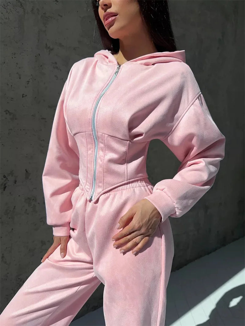 2025 Sweatshirt Two-piece Suit Women's Casual Sports Sets Zipper-up Hooded Tunic Short Jacket Top Straight Trousers 2-piece Sets