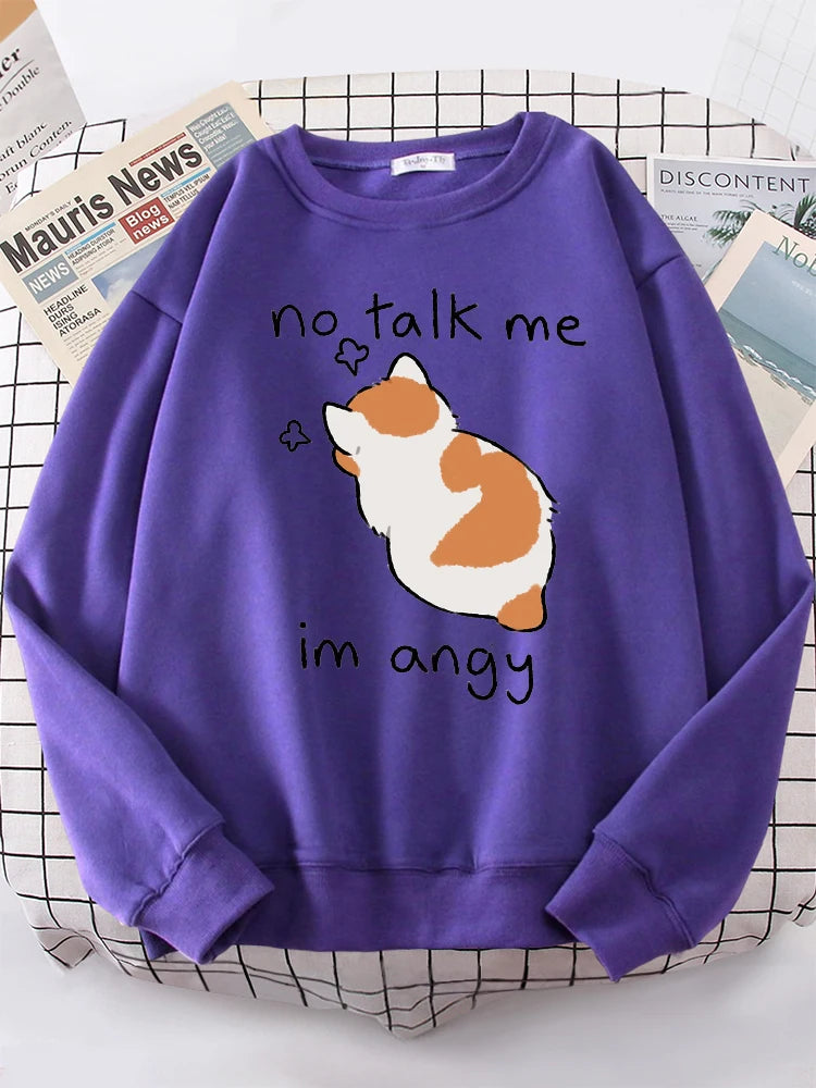Female Sweatshirts No Talk Me Cute Angy Cat Print Top Women Harajuku Oversize Long-Sleeve Kawaii Animal 2024 New Lady Sweatshirt