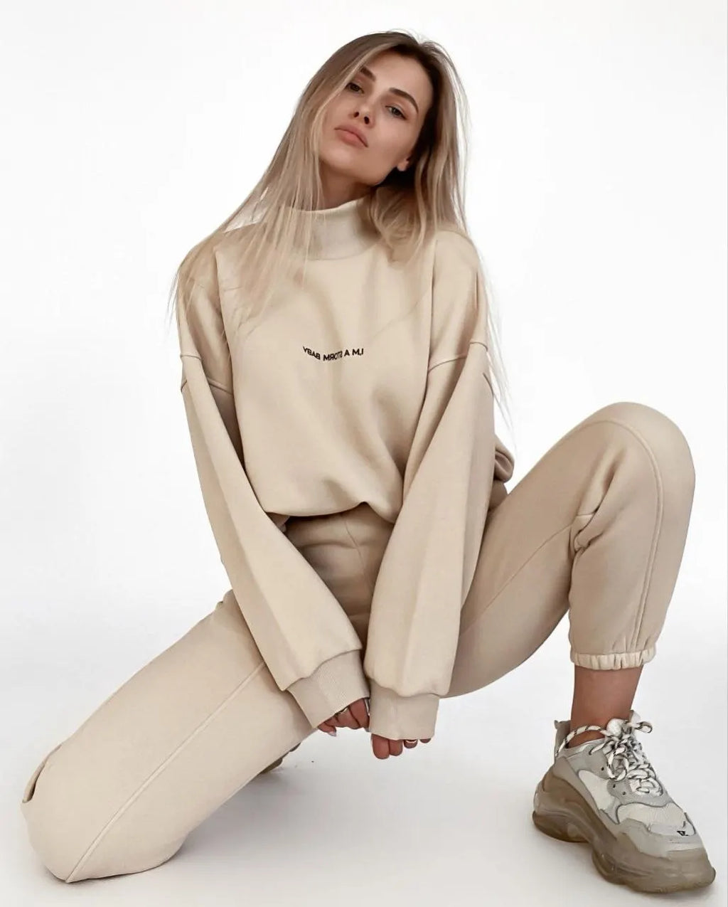 Sweatshirt  pant Women Letter Print Two Piece Set Casual Loose Suit High Waist Trousers Turtleneck Autumn Sweatpants Suits 2025