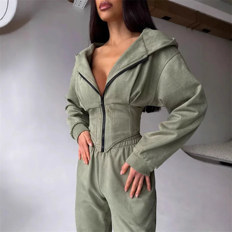 2025 Sweatshirt Two-piece Suit Women's Casual Sports Sets Zipper-up Hooded Tunic Short Jacket Top Straight Trousers 2-piece Sets
