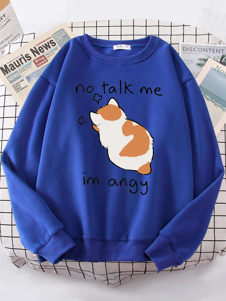 Female Sweatshirts No Talk Me Cute Angy Cat Print Top Women Harajuku Oversize Long-Sleeve Kawaii Animal 2024 New Lady Sweatshirt