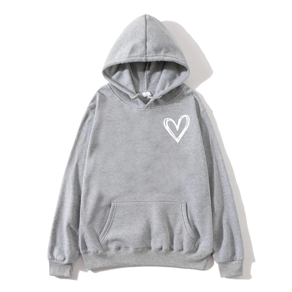 Women's hooded sweatshirt for spring and autumn, casual top for both men and women, pure color simple heart print sweatshirt