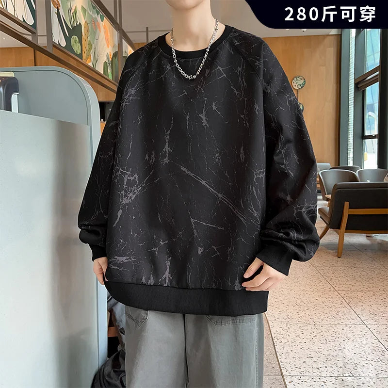 New Large-sized Sweatshirt for Spring Autumn Men's Wear Featuring A Casual Fashionable  Round-neck Loose Versatile Long-sleeved