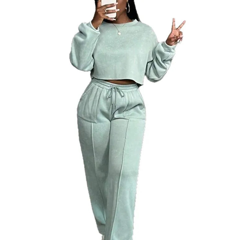 Sweatshirt Two-piece Suit Women's Casual Sports Sets Spring Autumn Loose High-waist Tops Pullover Straight Trousers 2-piece Sets