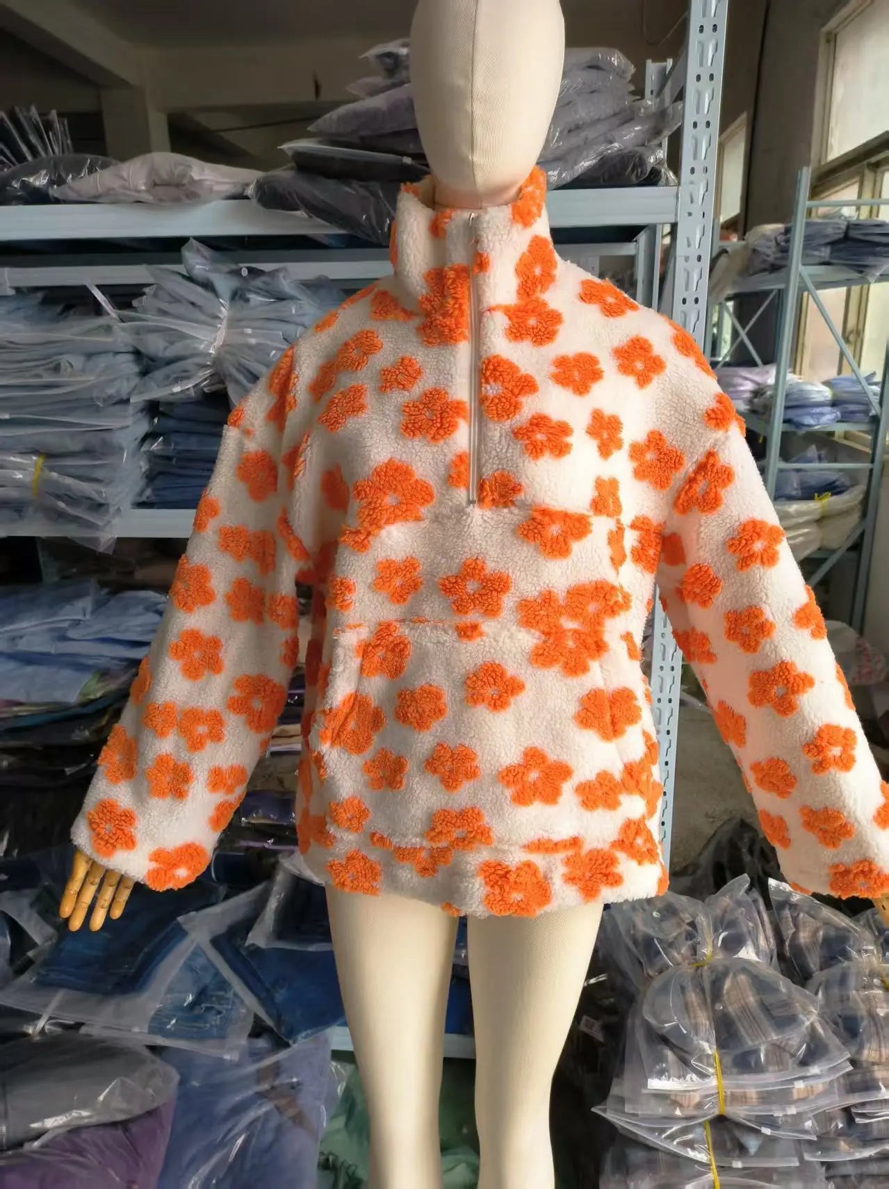 Fleece Sweatshirt No Hat Womens Hoodie Zip Pockets Woman Autumn Plush Flannel Long-Sleeve Plaid Split Cleanfit Laceup Ruffled