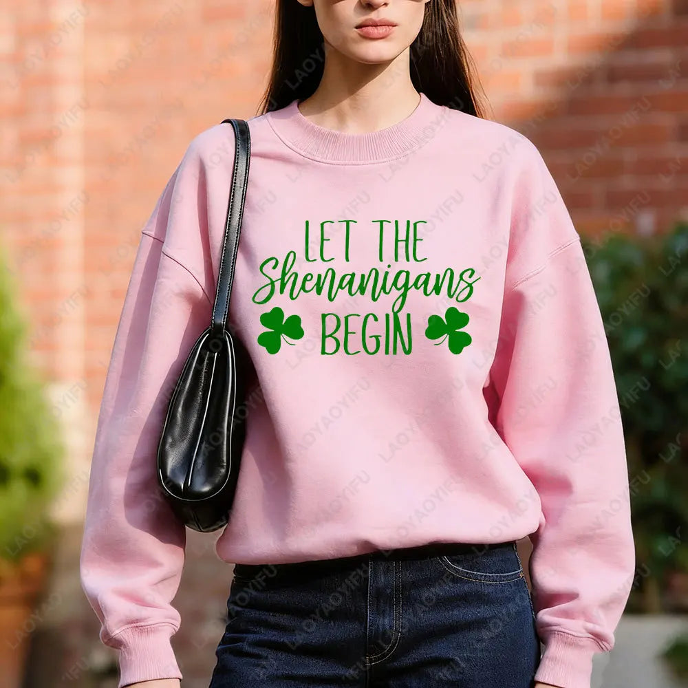 Let The Shenanigans Begin Sweatshirt St Patricks Day Party Sweater Funny St Paddys Long Sleeve St Pattys Irish Green Beer Tops