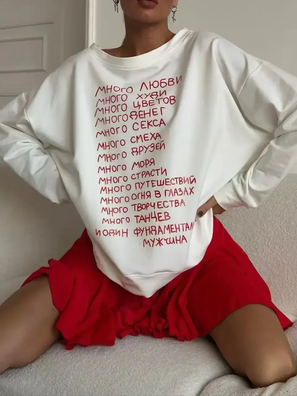 Russian Simple Superior Sense Prined O Neck Sweatshirt Women White Thin Autumn Hoodies Women Russian Style Loose Korean Fashion