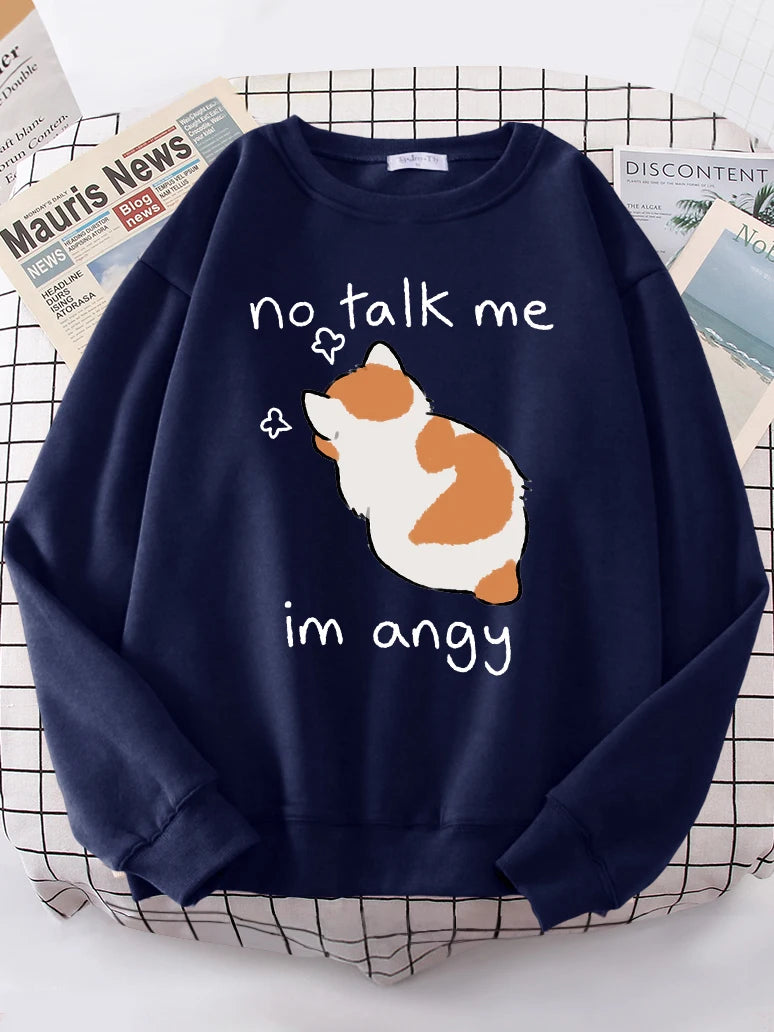 Female Sweatshirts No Talk Me Cute Angy Cat Print Top Women Harajuku Oversize Long-Sleeve Kawaii Animal 2024 New Lady Sweatshirt