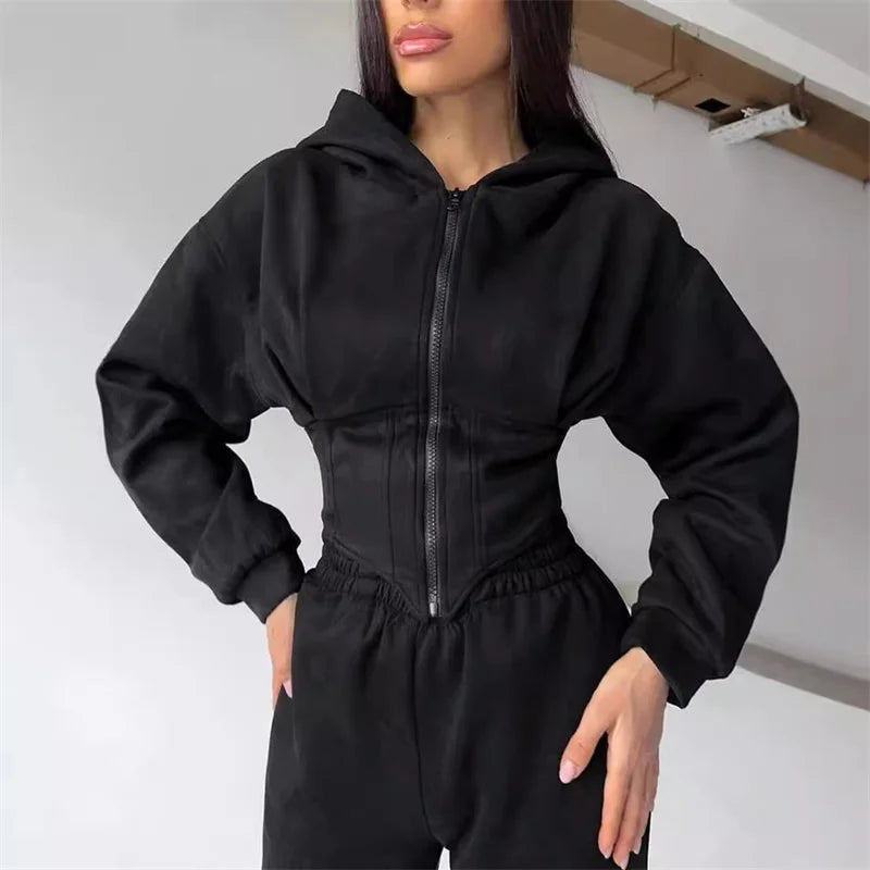 2025 Sweatshirt Two-piece Suit Women's Casual Sports Sets Zipper-up Hooded Tunic Short Jacket Top Straight Trousers 2-piece Sets