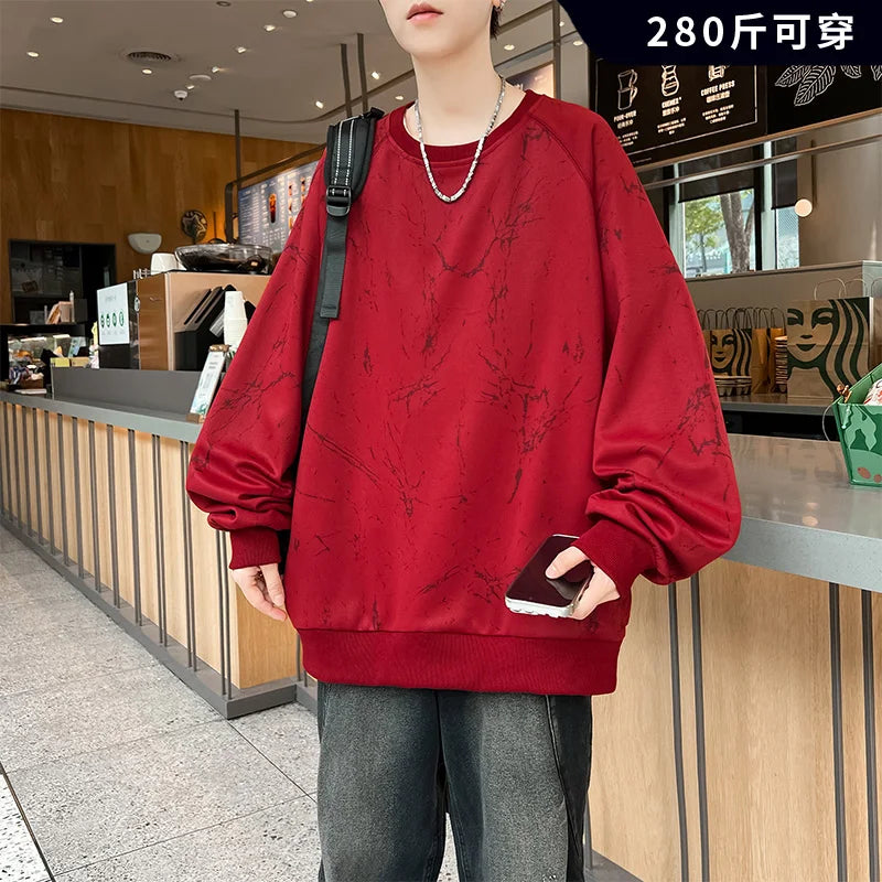New Large-sized Sweatshirt for Spring Autumn Men's Wear Featuring A Casual Fashionable  Round-neck Loose Versatile Long-sleeved