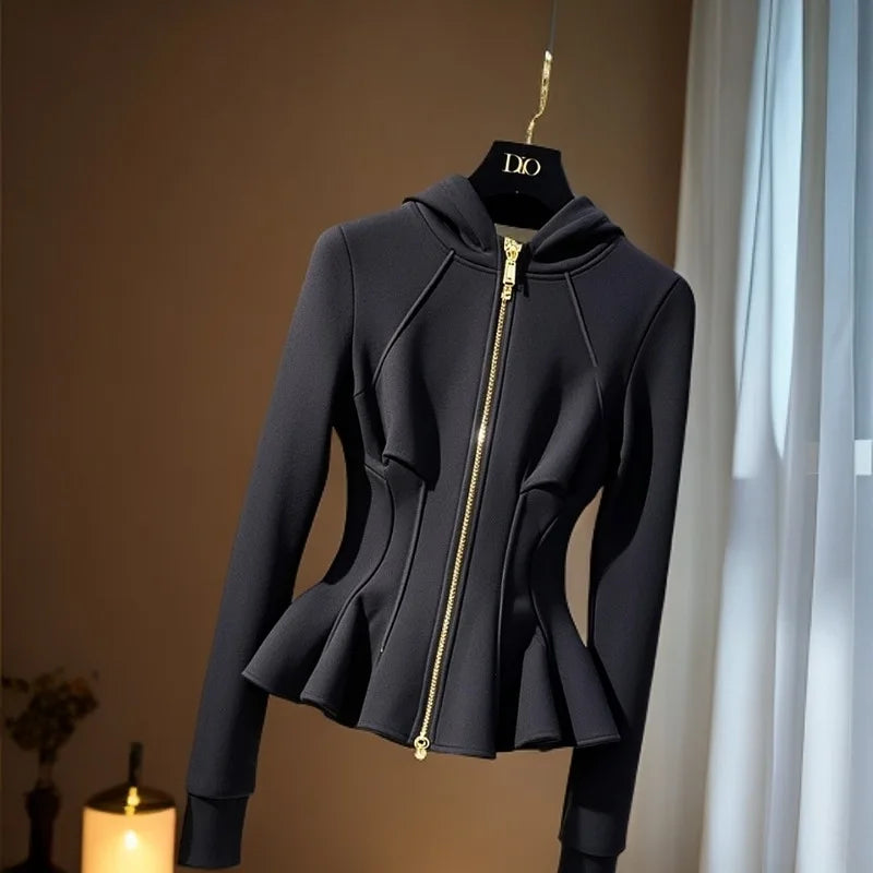 Fashionable Black Hooded Sweatshirt 2025 Spring Casual Slim Waist-hugging Short Jacket Versatile Top