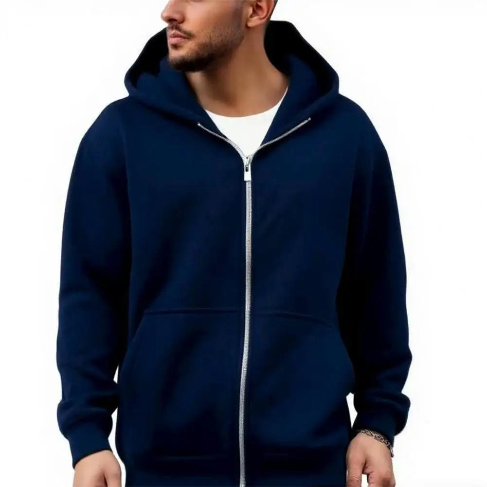 Men's Hooded Sweatshirt with Backpack – Zip-Up Hoodie, Solid Color Loose Fit Long Sleeve Coat for Casual Outdoor Wear