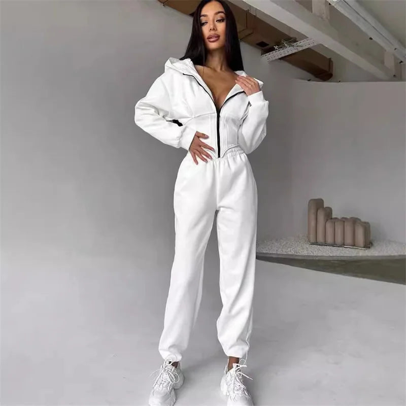 2025 Sweatshirt Two-piece Suit Women's Casual Sports Sets Zipper-up Hooded Tunic Short Jacket Top Straight Trousers 2-piece Sets