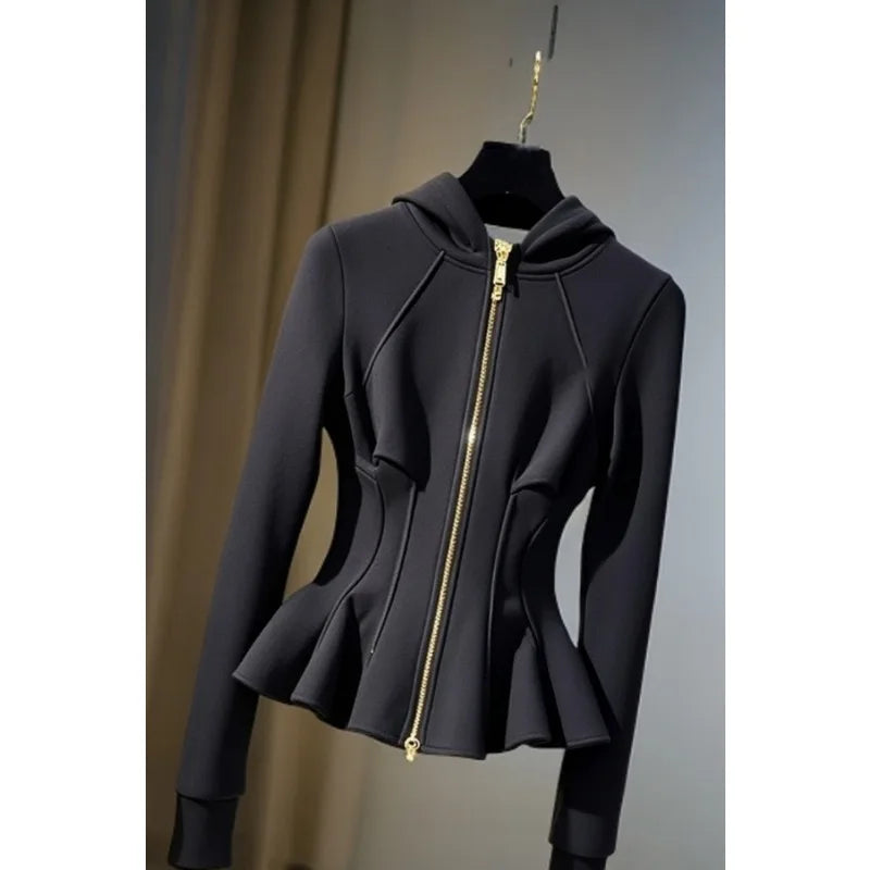 Fashionable Black Hooded Sweatshirt 2025 Spring Casual Slim Waist-hugging Short Jacket Versatile Top