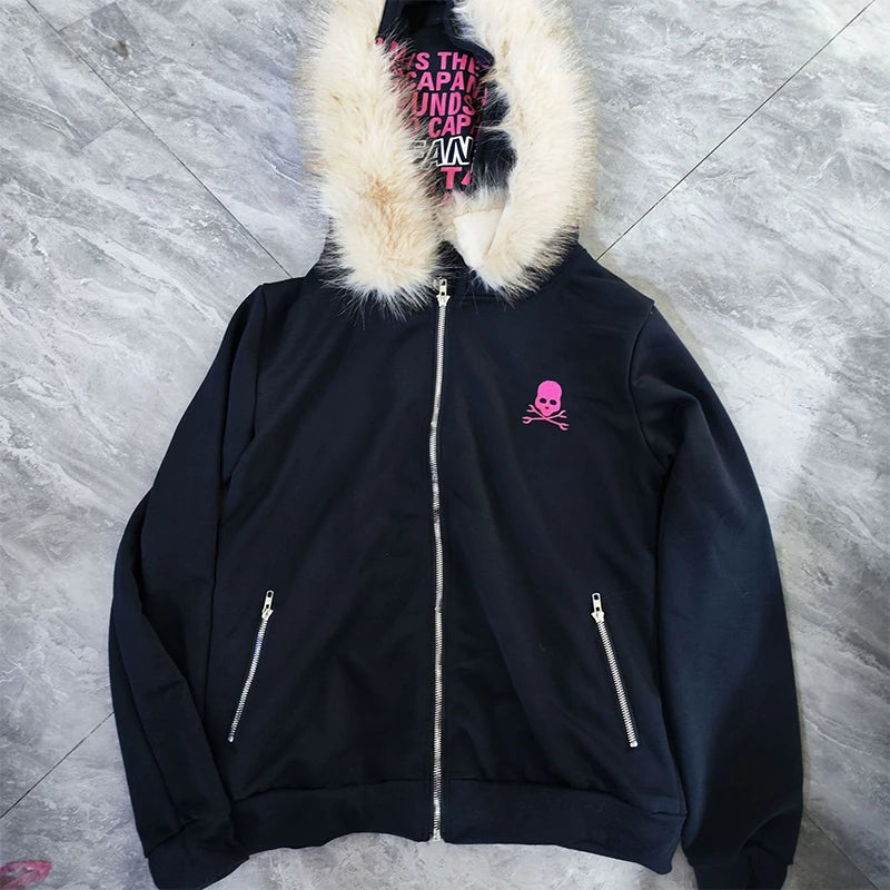Women Sweatshirt Harajuku Letter Print Slim Coat Winter Clothes Goth  High Street Y2K Black Fur Collar Zipper Sweatshirt Hoodie
