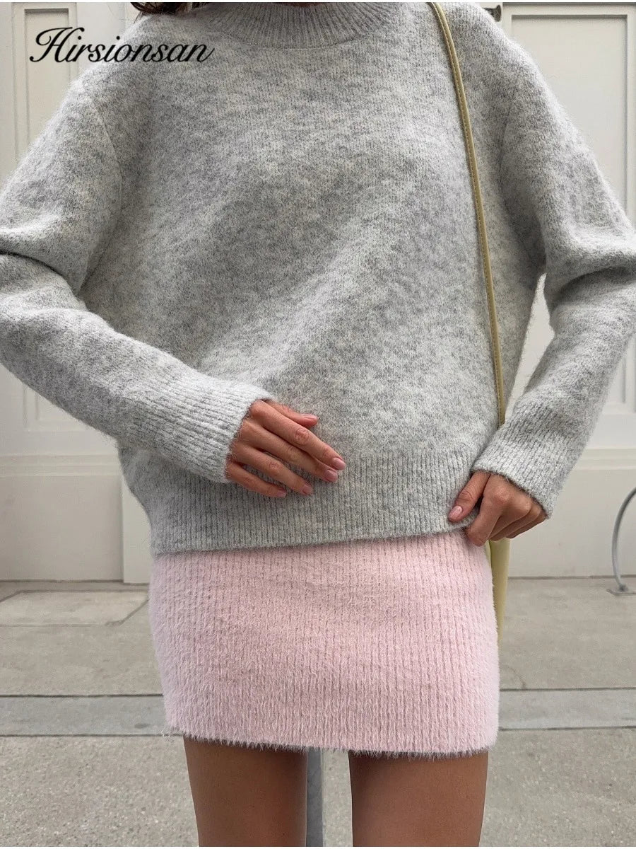 Hirsionsan Basic O Neck Basic Sleeve Sweater Women 2025 Oversized Short Knitted Wool Pullover Female Casual Thick Warm Soft Tops
