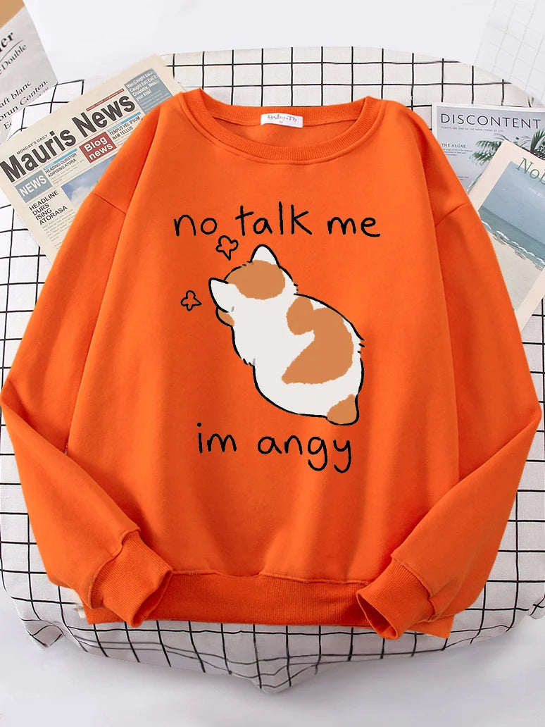Female Sweatshirts No Talk Me Cute Angy Cat Print Top Women Harajuku Oversize Long-Sleeve Kawaii Animal 2024 New Lady Sweatshirt