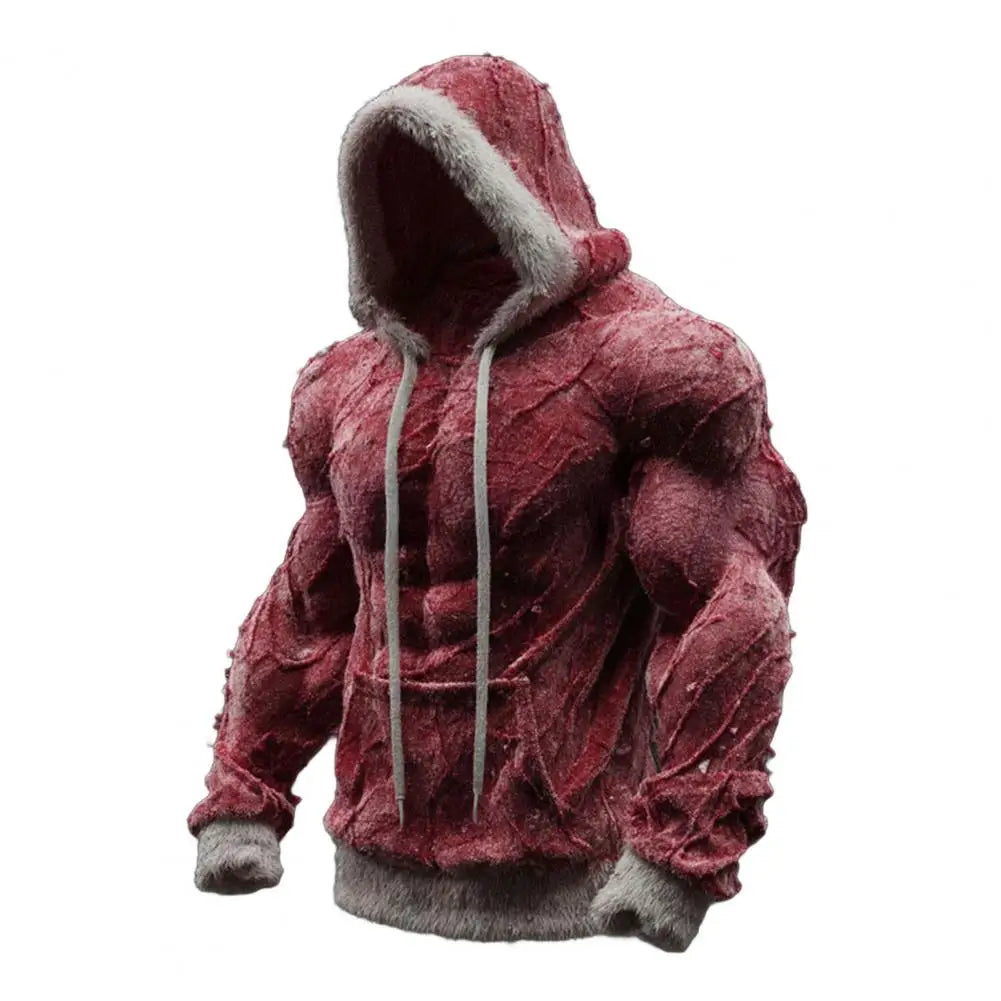 Men Loose Sweatshirt Muscle Hoodie Realistic 3D Print Pullover Sweatshirt Muscular Warm Fuzzy Hooded Sweatshirt for Street Wear