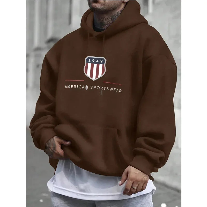 The new men's hooded sweatshirt, a men's warm sweatshirt, is urban fashion, casual, loose and fresh. It was printed in 1949