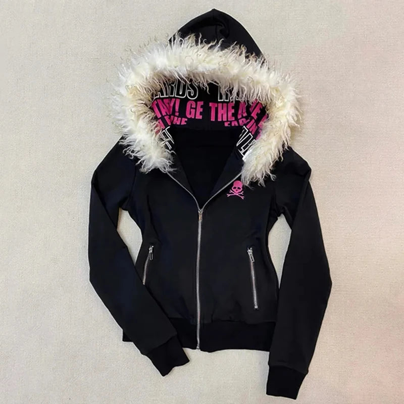 Women Sweatshirt Harajuku Letter Print Slim Coat Winter Clothes Goth  High Street Y2K Black Fur Collar Zipper Sweatshirt Hoodie