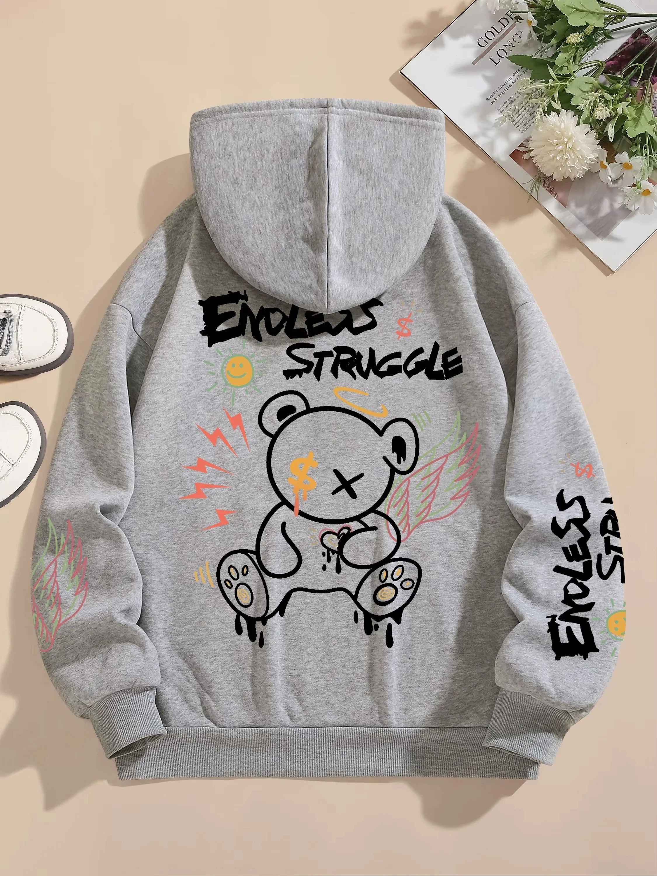 Street men's and women's sweatshirts endless struggle graffiti bear printed hoodie loose pullover sweatshirt casual