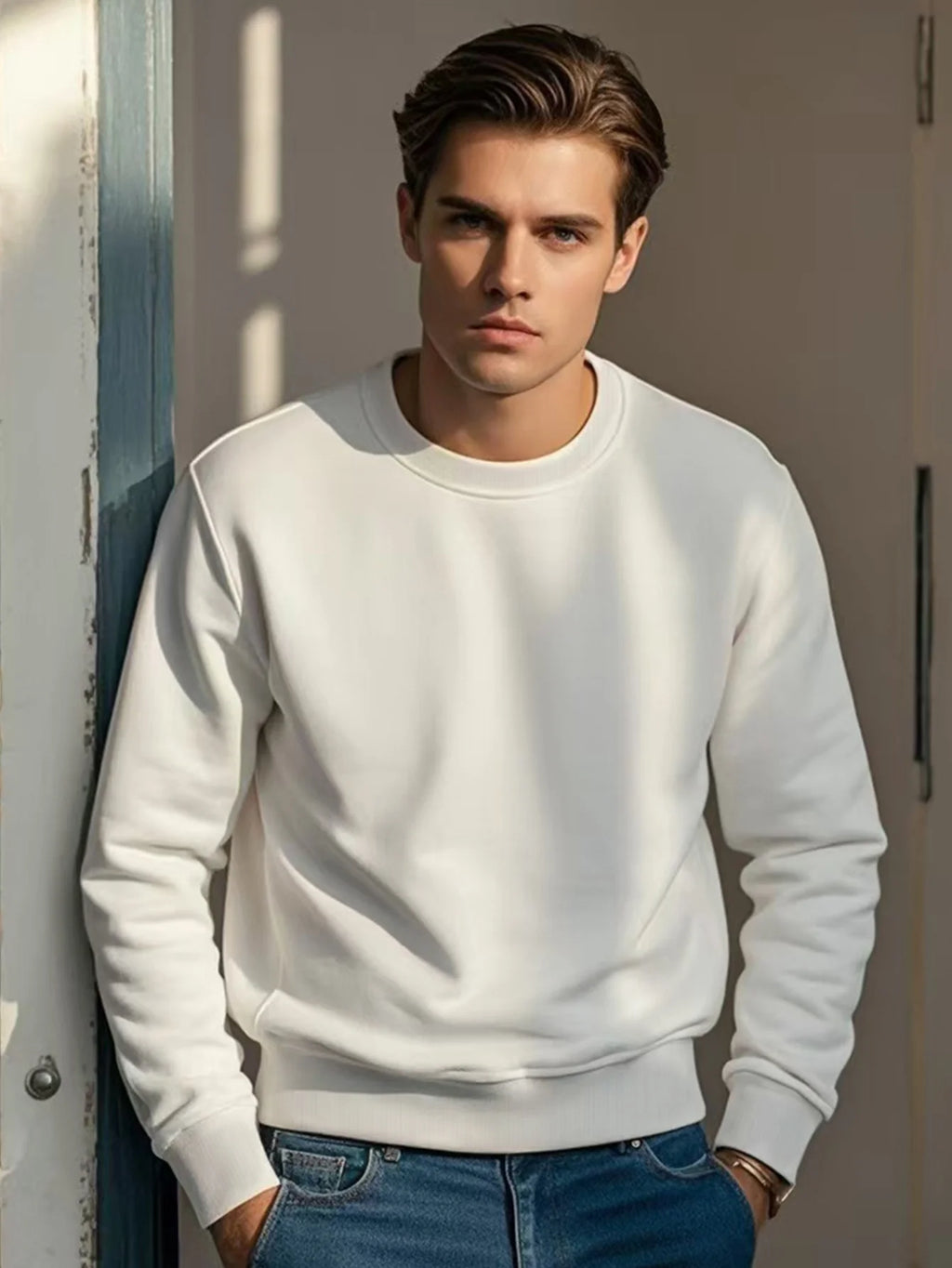 Men's Casual Round Neck Long-sleeved Pullover Sweatshirt Men's Classic Solid Color Top Couples Wear Daily Essential Clothing