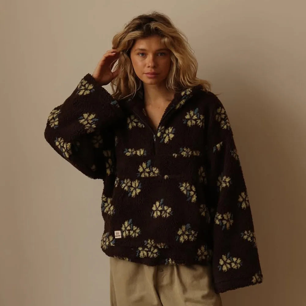 Fleece Sweatshirt No Hat Womens Hoodie Zip Pockets Woman Autumn Plush Flannel Long-Sleeve Plaid Split Cleanfit Laceup Ruffled