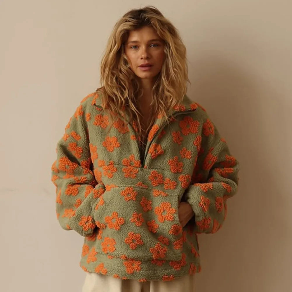 Fleece Sweatshirt No Hat Womens Hoodie Zip Pockets Woman Autumn Plush Flannel Long-Sleeve Plaid Split Cleanfit Laceup Ruffled