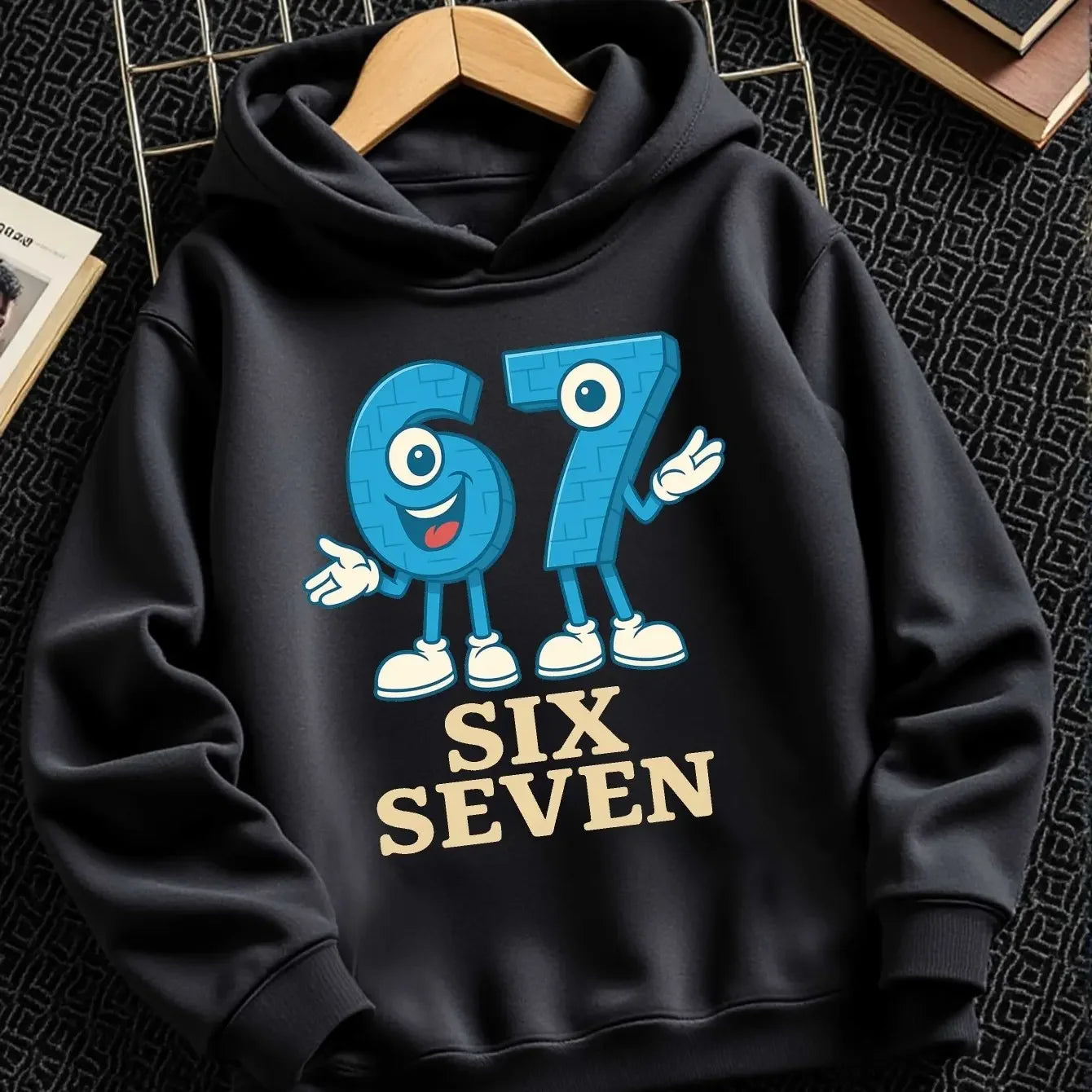 Boys' Comfortable Fleece Hooded Sweatshirt with Cartoon Characters and Number 67 Casual Winter Warm Kids' Hoodie