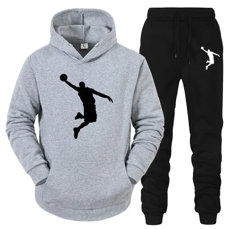 High-quality printed youth hooded sweatshirt set for sports jogging, fashionable men's sportswear for daily casual commuting