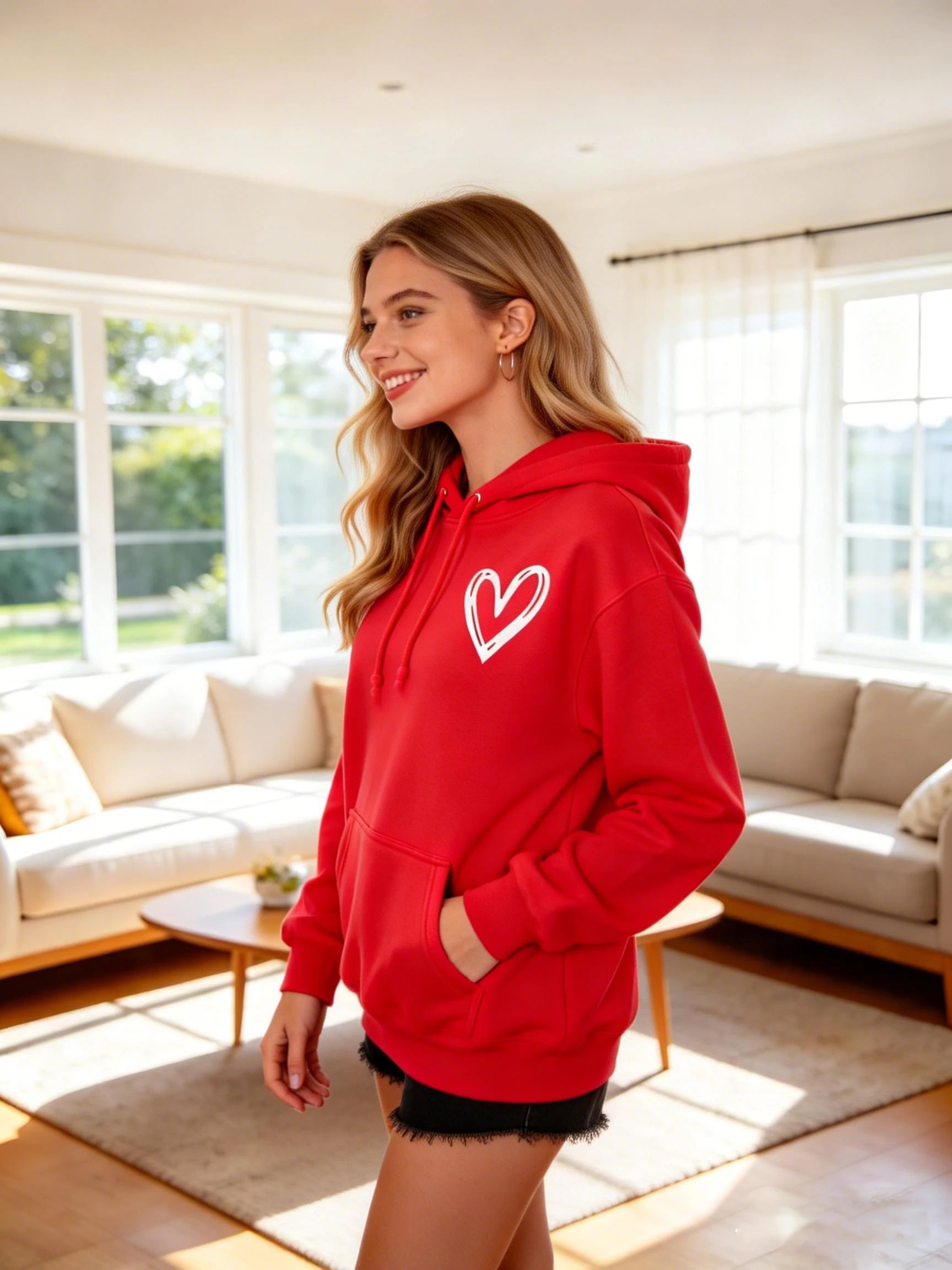 Women's hooded sweatshirt for spring and autumn, casual top for both men and women, pure color simple heart print sweatshirt