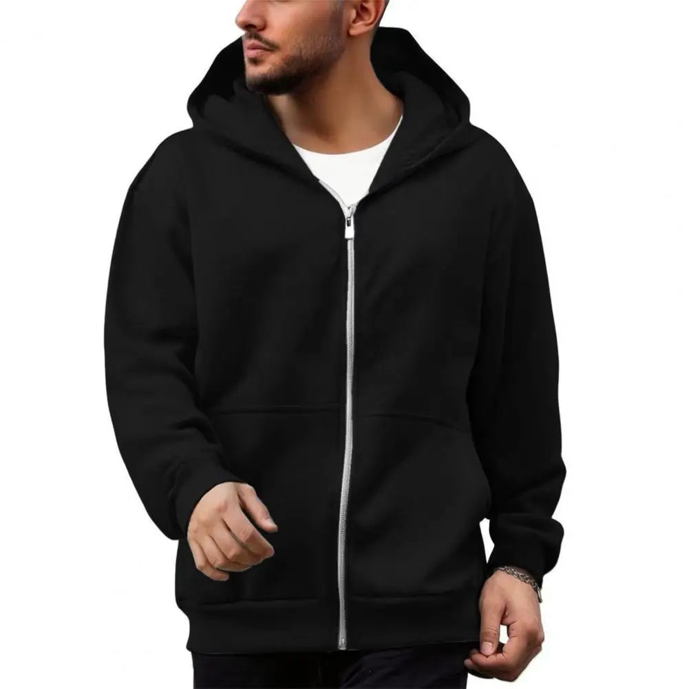Men's Hooded Sweatshirt with Backpack – Zip-Up Hoodie, Solid Color Loose Fit Long Sleeve Coat for Casual Outdoor Wear
