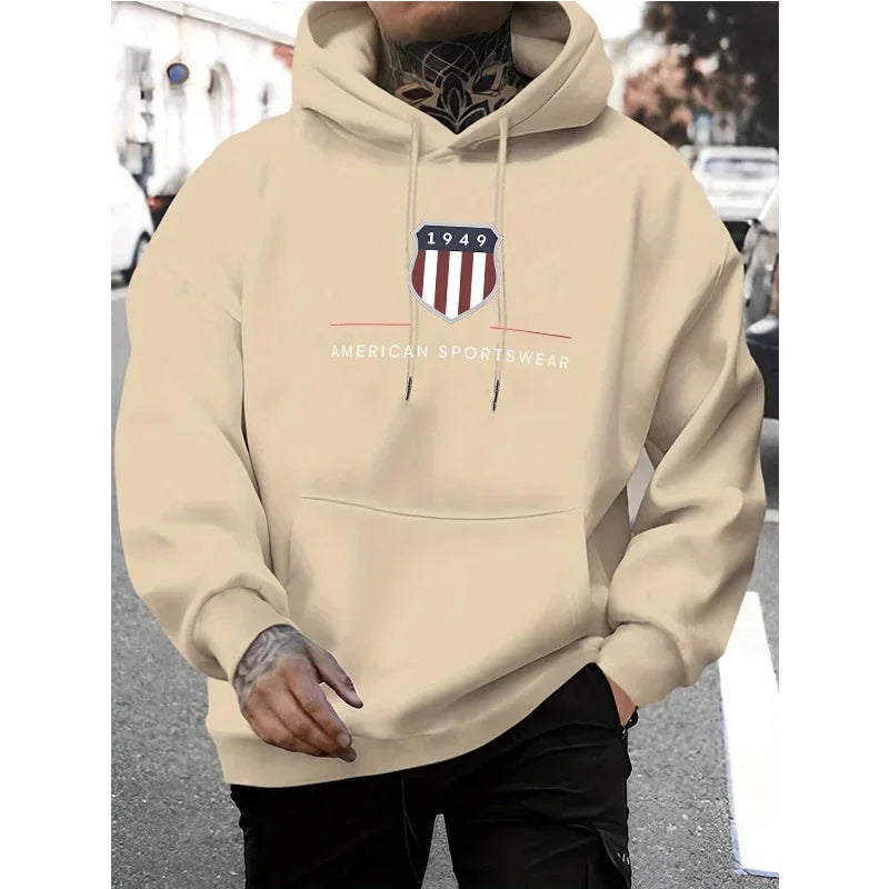 The new men's hooded sweatshirt, a men's warm sweatshirt, is urban fashion, casual, loose and fresh. It was printed in 1949