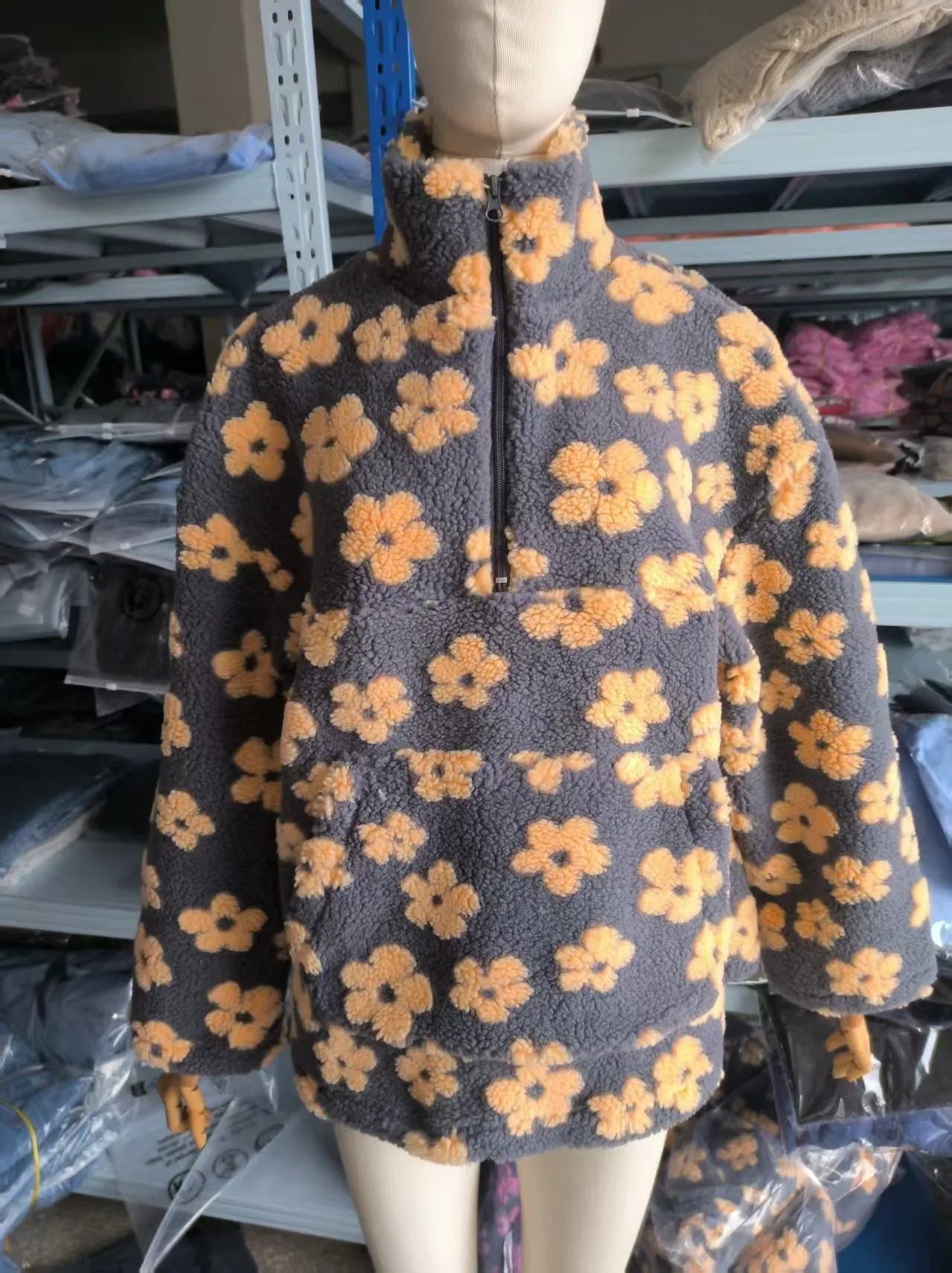 Fleece Sweatshirt No Hat Womens Hoodie Zip Pockets Woman Autumn Plush Flannel Long-Sleeve Plaid Split Cleanfit Laceup Ruffled