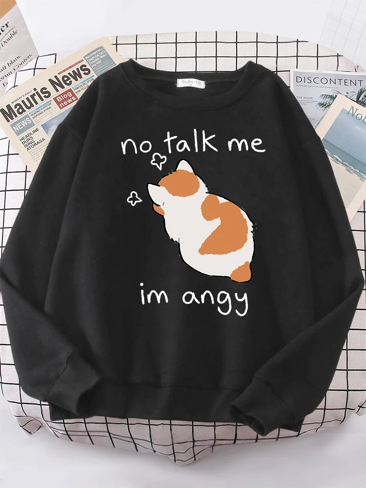 Female Sweatshirts No Talk Me Cute Angy Cat Print Top Women Harajuku Oversize Long-Sleeve Kawaii Animal 2024 New Lady Sweatshirt
