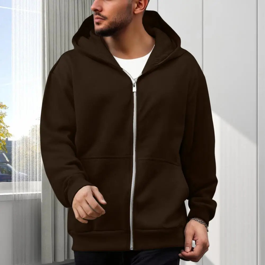 Men's Hooded Sweatshirt with Backpack – Zip-Up Hoodie, Solid Color Loose Fit Long Sleeve Coat for Casual Outdoor Wear