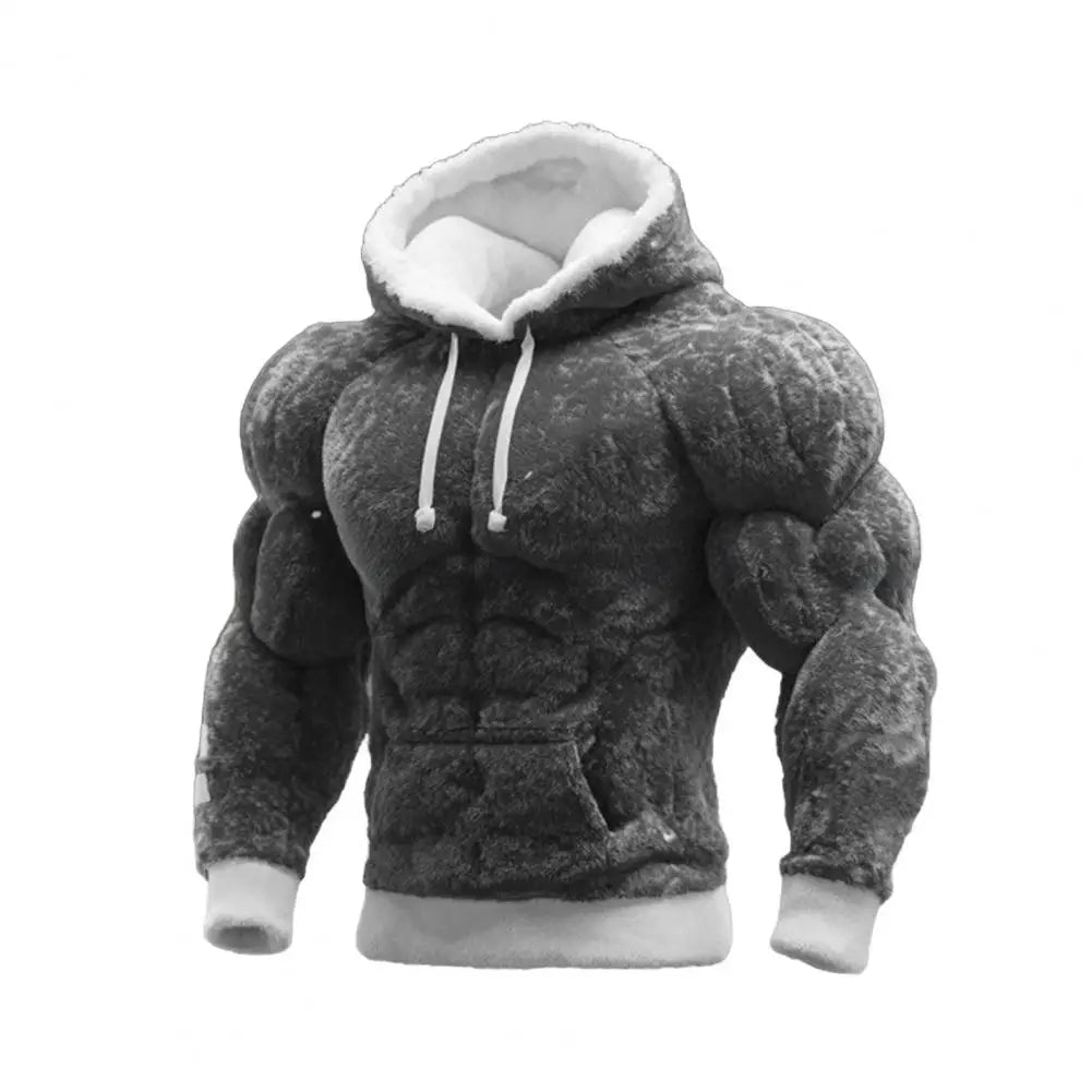 Men Loose Sweatshirt Muscle Hoodie Realistic 3D Print Pullover Sweatshirt Muscular Warm Fuzzy Hooded Sweatshirt for Street Wear