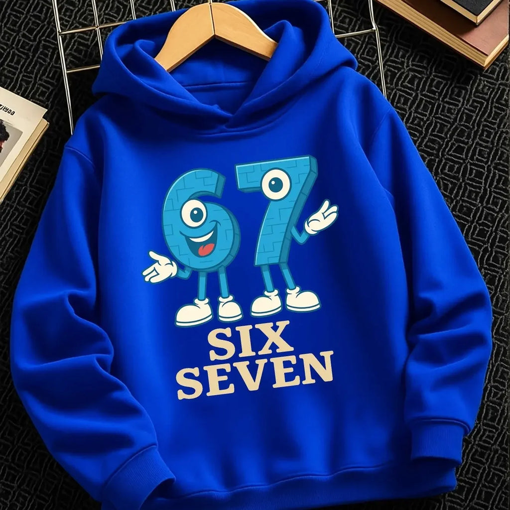 Boys' Comfortable Fleece Hooded Sweatshirt with Cartoon Characters and Number 67 Casual Winter Warm Kids' Hoodie