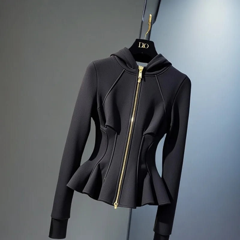 Fashionable Black Hooded Sweatshirt 2025 Spring Casual Slim Waist-hugging Short Jacket Versatile Top