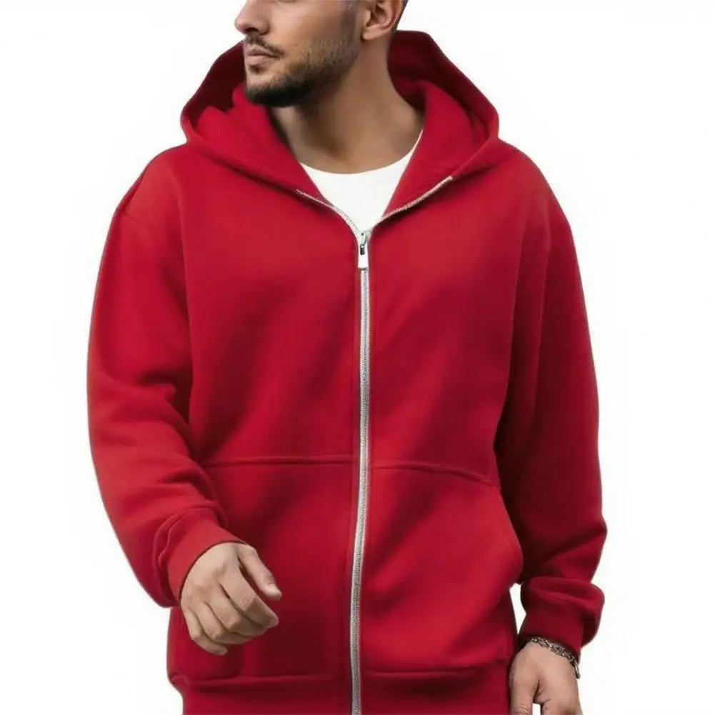 Men's Hooded Sweatshirt with Backpack – Zip-Up Hoodie, Solid Color Loose Fit Long Sleeve Coat for Casual Outdoor Wear