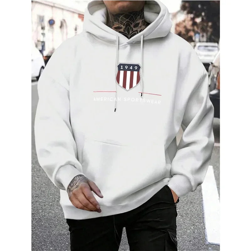 The new men's hooded sweatshirt, a men's warm sweatshirt, is urban fashion, casual, loose and fresh. It was printed in 1949