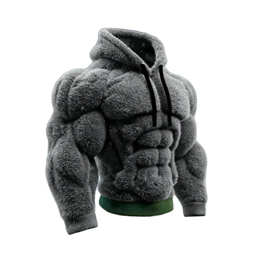 Men Loose Sweatshirt Muscle Hoodie Realistic 3D Print Pullover Sweatshirt Muscular Warm Fuzzy Hooded Sweatshirt for Street Wear